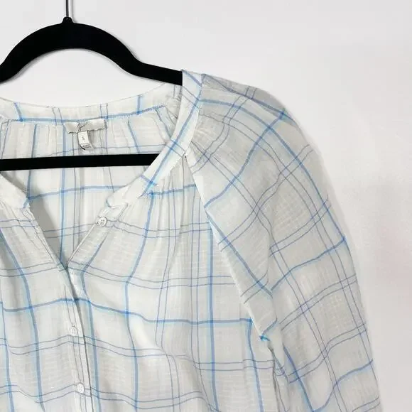 Joie S Ivory Blue Selima Plaid 3/4 Sleeve Blouse Top Split VNeck Button Cotton - Picture 3 of 11